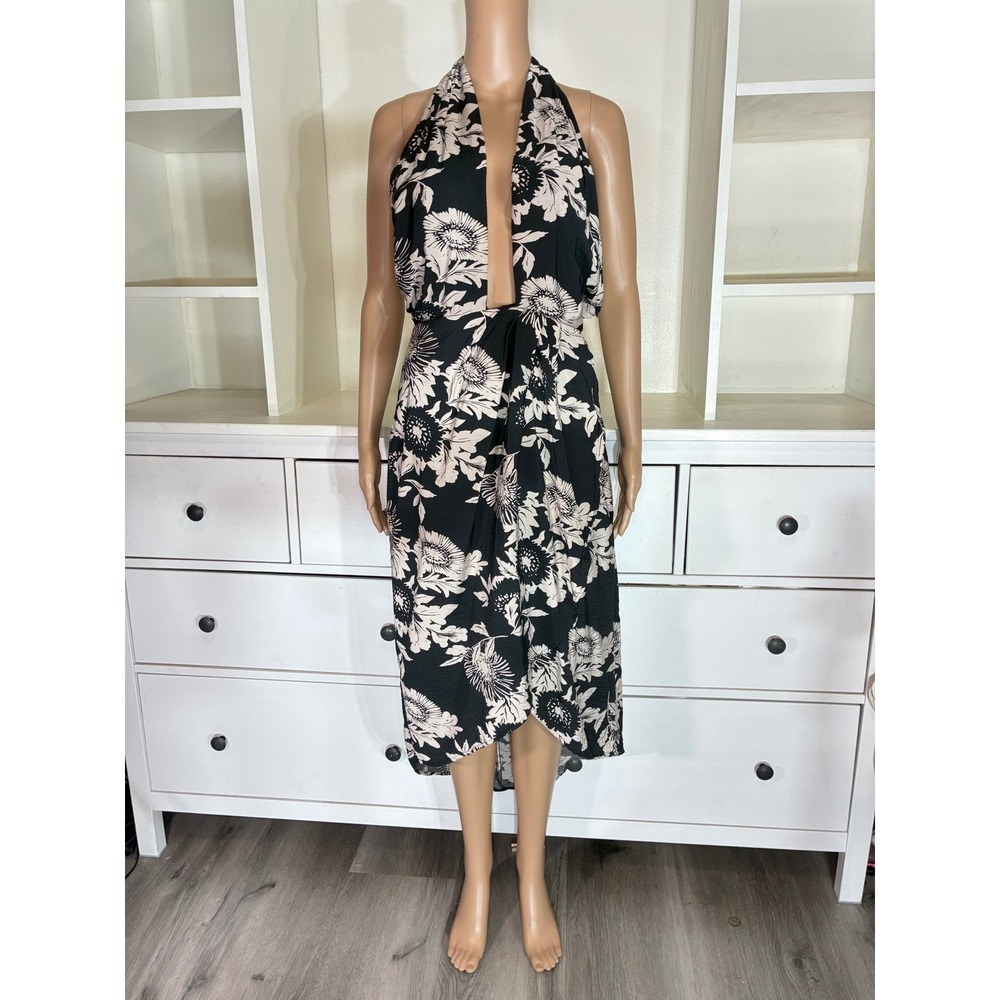 Banana Republic Halter Midi Dress Womens 6P Black Beige Floral Wrap Skirt